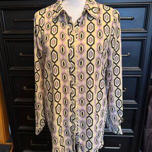 Pleione Long Sleeve Button Top Blouse Sage Olive Lavender Brown M Wrinkle Free